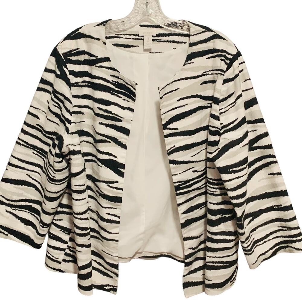 Chico's Jacket Blazer Zebra Striped Open Front 3/4 Sleeves Animal Print 3 (L 16)